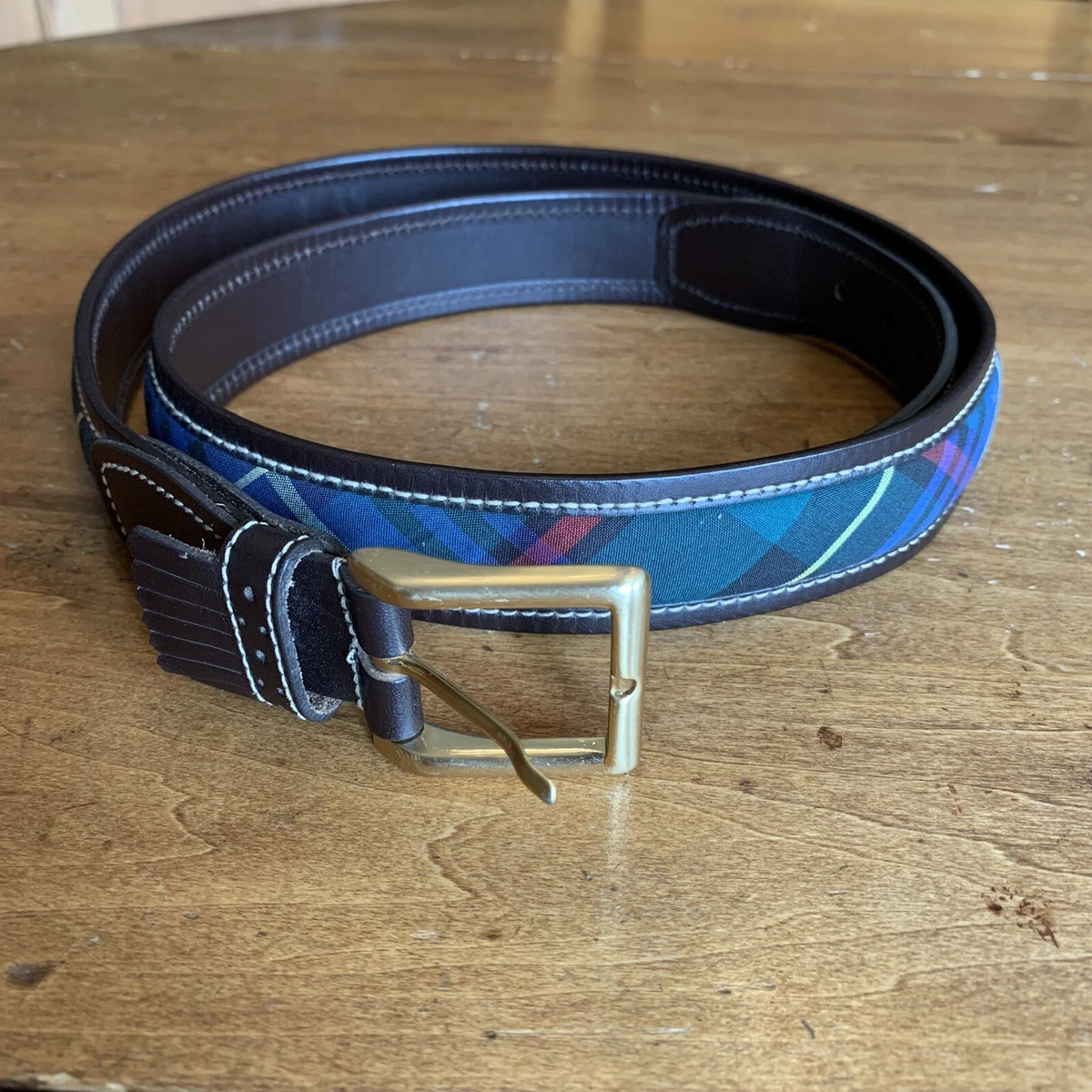 Dunhill Brown / Madres Golf Belt Red Green Blue Yellow Plaid Mens 40 X 1 1/4”