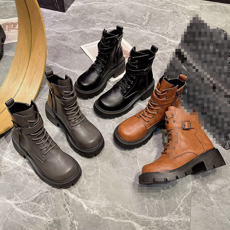 Womens Chunky Punk Buckle Lace Up Biker Zip Army Combat Ladies