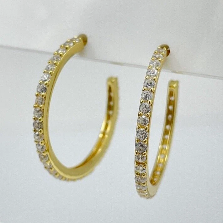 ORECCHINI CERCHIO SEMIAPERTI IN ARGENTO 925 DORATI BRILLANTATI DA DONNA ELEGANTI - Immagine 2 di 4