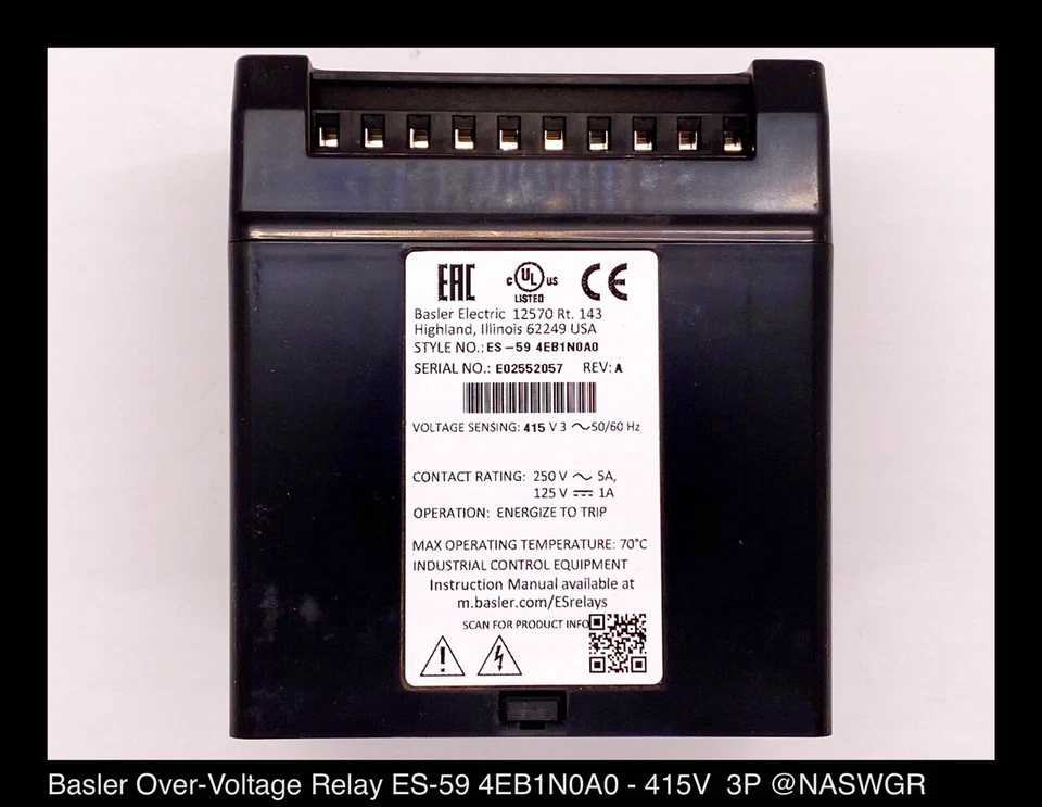 Relé de sobretensión Basler Electric ES-59 4EB1N0A0 - excedente sin usar Foto 2 de 4