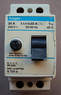 HAGER U 724 02 25A 30mA R.C.C.B. 2 POLE MODULE RCD BS4293 U72402 25 AMP ...