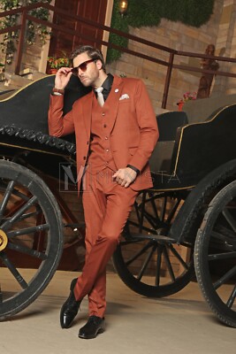 Menista Custom Tailored Rust Three Piece Slim Fit Men Suit for Groom & Wedding