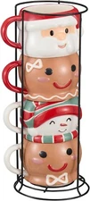 12-Ounce Christmas Ceramic Stoneware Stackable Mug Set With Metal Rack