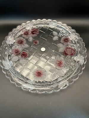 Vtg Soga Japan Cake Plate Red Frosted Roses on basketweave pattern-beautiful