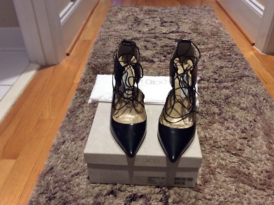 Jimmy Choo Hoops Lace Up Black Leather Strappy Heels Pumps