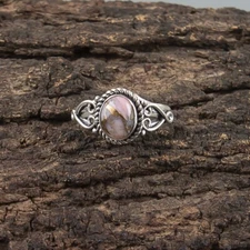 Oval Pink Opal Turquoise 925 Sterling Silver Promise Bezel Set Band Ring Jewelry