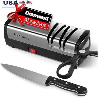 3-in-1 Electric Knife Sharpener Diamond Abrasives Dual Slot Scissors Home Use