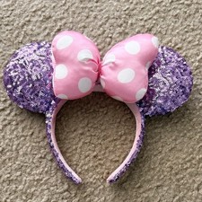 Disney- Parks Pink Polka Dot Bow Purple Sequin Minnie Mouse Ears Headband Gifts