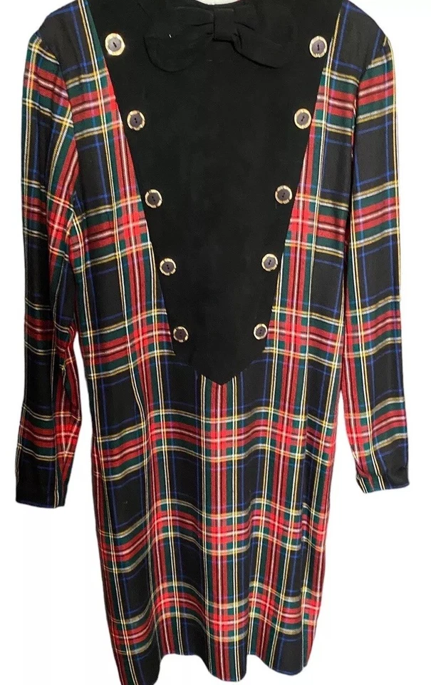 Vtg Tartan Plaid Dress Long Sleeve Sheath Women 6 8 Red Black Mod Buttons Bow - Image 2 of 4