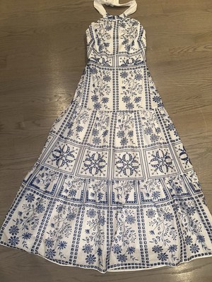 Milly Blue & White Floral Embroidered Halter Maxi Dress Lined Zip Size 2