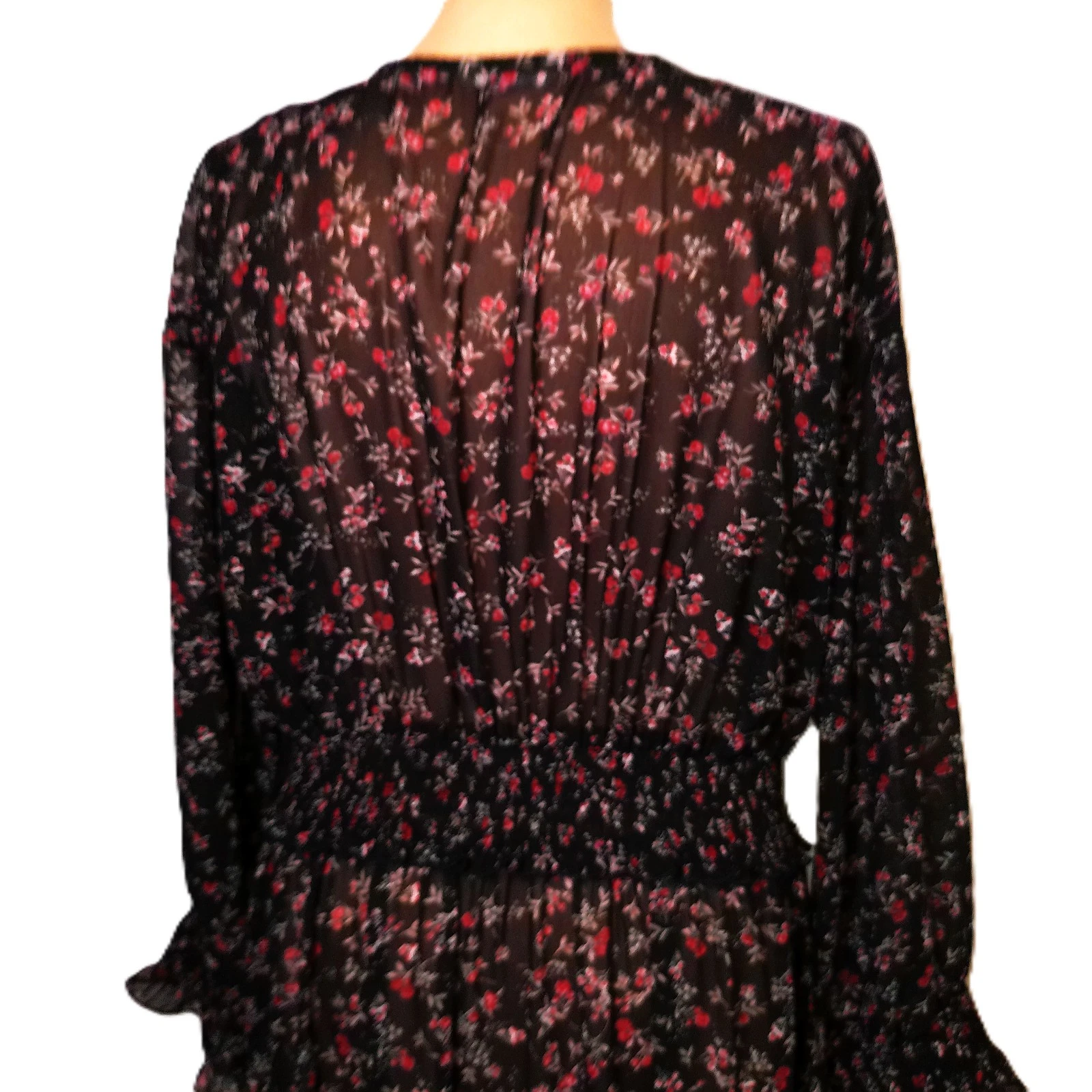 VETEMENTS Maxi Abito XL Nero Floreale Trasparente Chiffon Manica Lunga Scollo a V