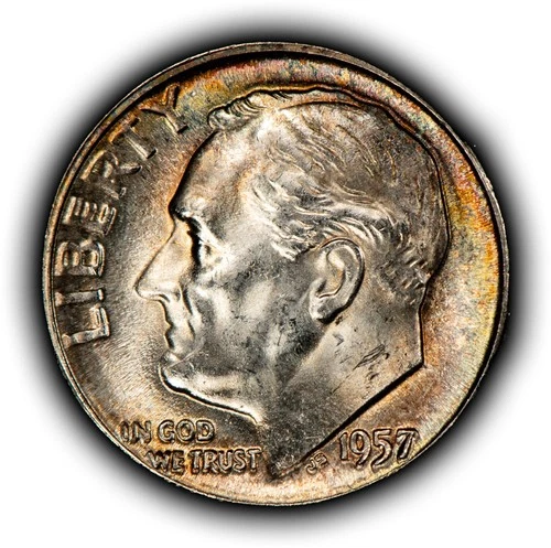 1957 10c Roosevelt Silver Dime - Rainbow Rim - BU - SKU-Z6169