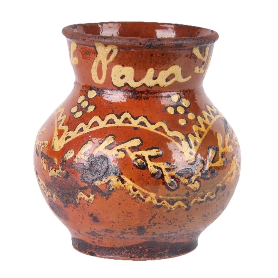LARGE 19th CENTURY ANTIQUE CONTINENTAL REDWARE PITCH BULBOUS MUG RED WARE SLIP - Image 1 of 4