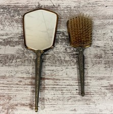 Vtg Set Vanity Hand Mirror And Brush Gold Silver Faux Marble Pad On Back Used