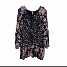 Free People Floral Lucky Loosey Mini Swing Dress Women’s XS Black Tie Neck Boho