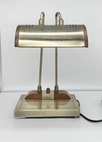 Vintage Brass And Wood Bankers Lamp Working Desk Light