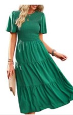Summer Casual Dresses for Women with Pocket Smocked Short Sleeve Crewneck...
