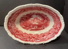 Vintage Mason's VISTA England Red / Pink Transferware Oval Serving Bowl