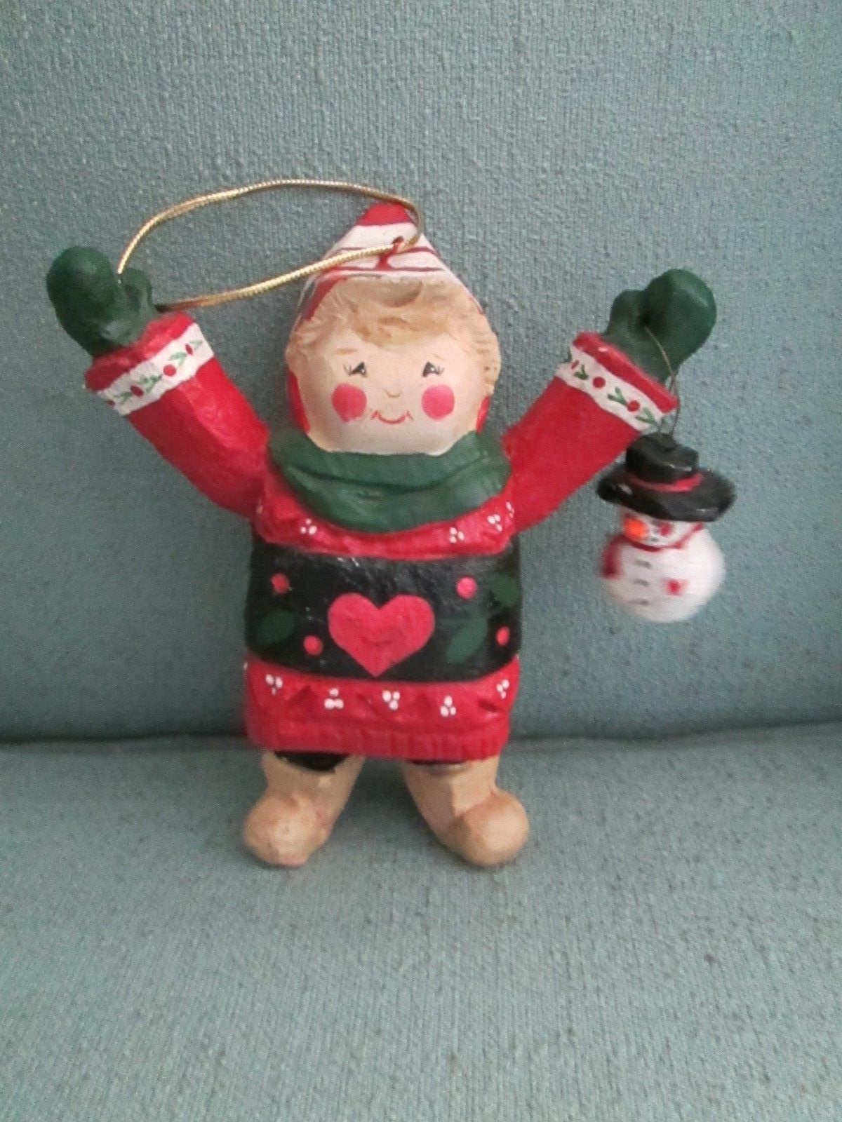 Large 6” House of Hatten Boy in Snowman Sweater Christmas Ornament 1993-image