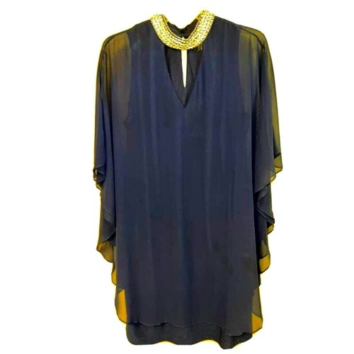 Rhinestone Neckline 14W Short Mini Cape DRESS Navy Blue Chiffon Lined STUNNING - Picture 5 of 13