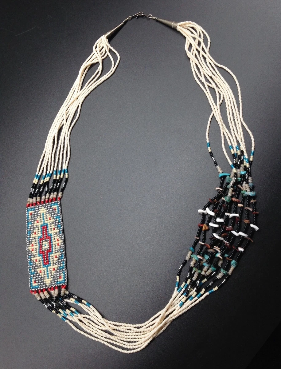 Navajo Beaded Rug Necklace 9 Strand turquoise seed bead glass