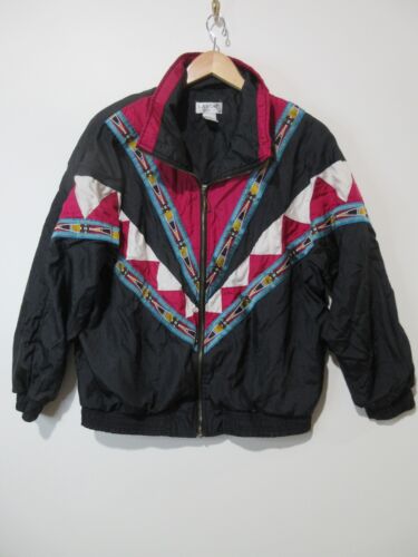UNIQUE Sz M Vtg LAVON 90s Nylon Tracksuit Women Black Windbreaker + Pants Aztec - Picture 2 of 24