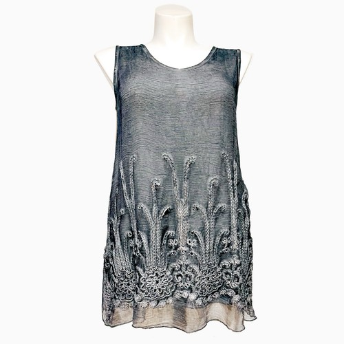 Soft Surroundings Silk Araceli Tunic Top Sequin Soutache Embroidery Silver Gray - Picture 2 of 14