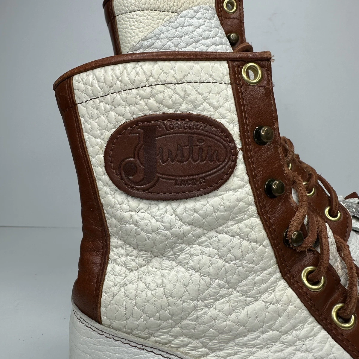 Justin Roper Lacer Boots White Brown Womens Size 5 B Leather Work Boot  L0540