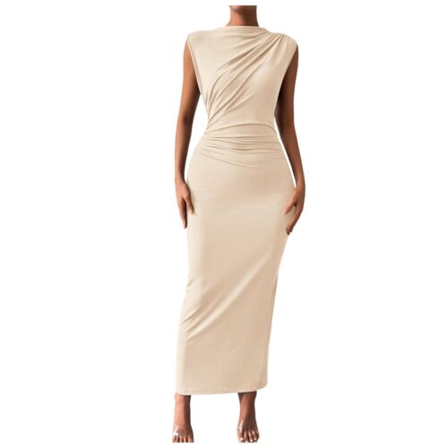 Damen gerruchtet Bodycon Kleid Sommer Freizeit ärmellos Rücken Damen Sommerkleider - Bild 8 von 42