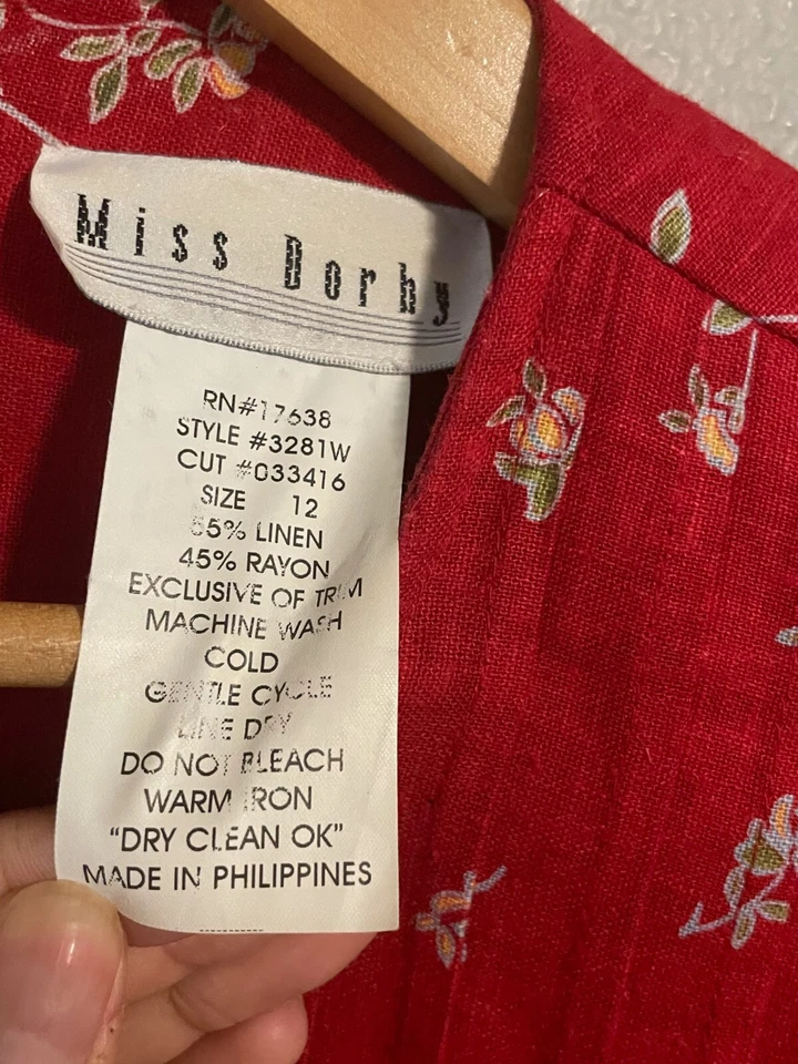 VTG Miss Dorby Womens Dress Size 12 Red Floral Linen Blend Pleated Cottagecore - Image 2 of 4