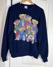 VTG 80 s Teddy Bear Family Sweatshirt Blue Jerzees Sz M USA Granny Core Varsity