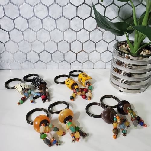 Pier 1 Hand Carved Beaded Napkin Rings Holders Boho Style Set of 8