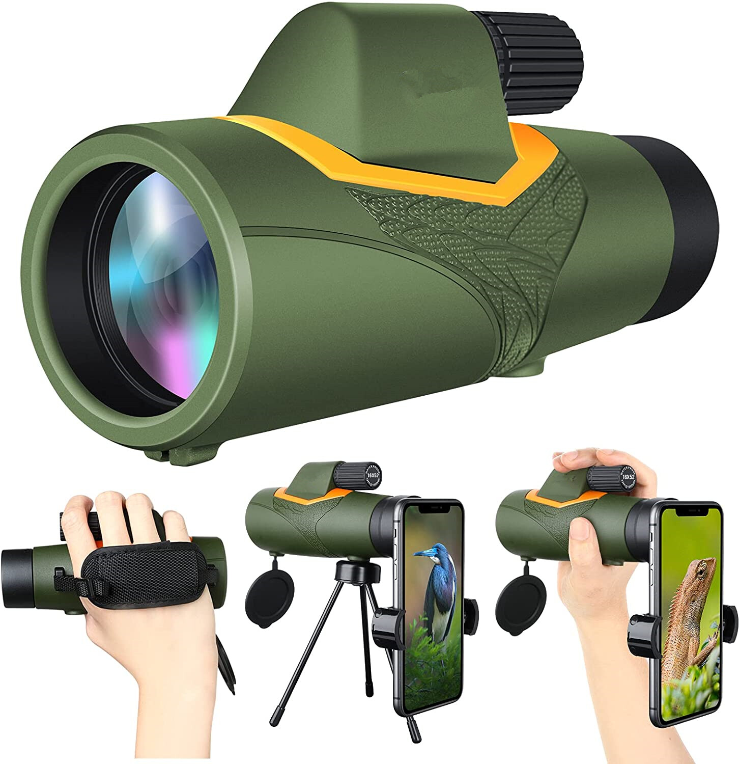 16X52 Monocular Telescope with Quick Smartphone Holder, Day & Low Night Vision  