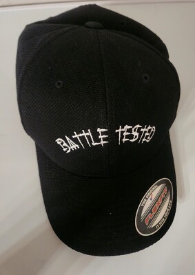 YUPOONG BATTLE TESTED life gear FLEX FIT Baseball Cap BLACK textured RED H38