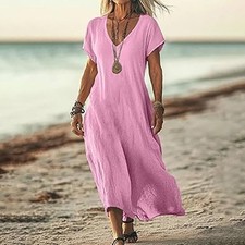 Ladies Linen Short Sleeve Long Dresses Womens Summer Casual Solid V Neck Dress