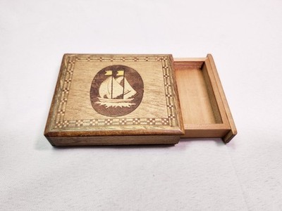 Vintage Wooden Sailboat Ship Boat Matchbook Holder Trinket Box Geometric Designs