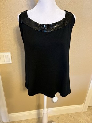 Jaeger, Saks Exclusive, Women s Black Knit Sequined Trim Sweater Tank, XL, Silk
