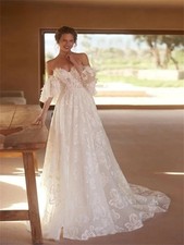 Customized Off Shoulder Wedding Dresses Detachable Sleeves Zip Back Bride Gowns