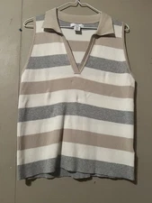 H By Halston Heritage Beige And Gray Knit Polo Vneck Sleeveless Rib Top XL