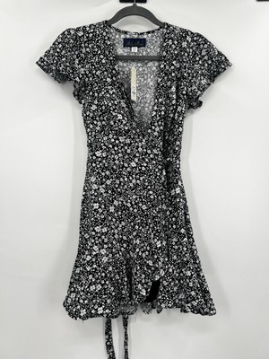 Francescas Blue Rain Womens Wrap Dress Size XXS Floral Black white