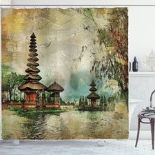 Gouache Shower Curtain Balinese Landscape Painting