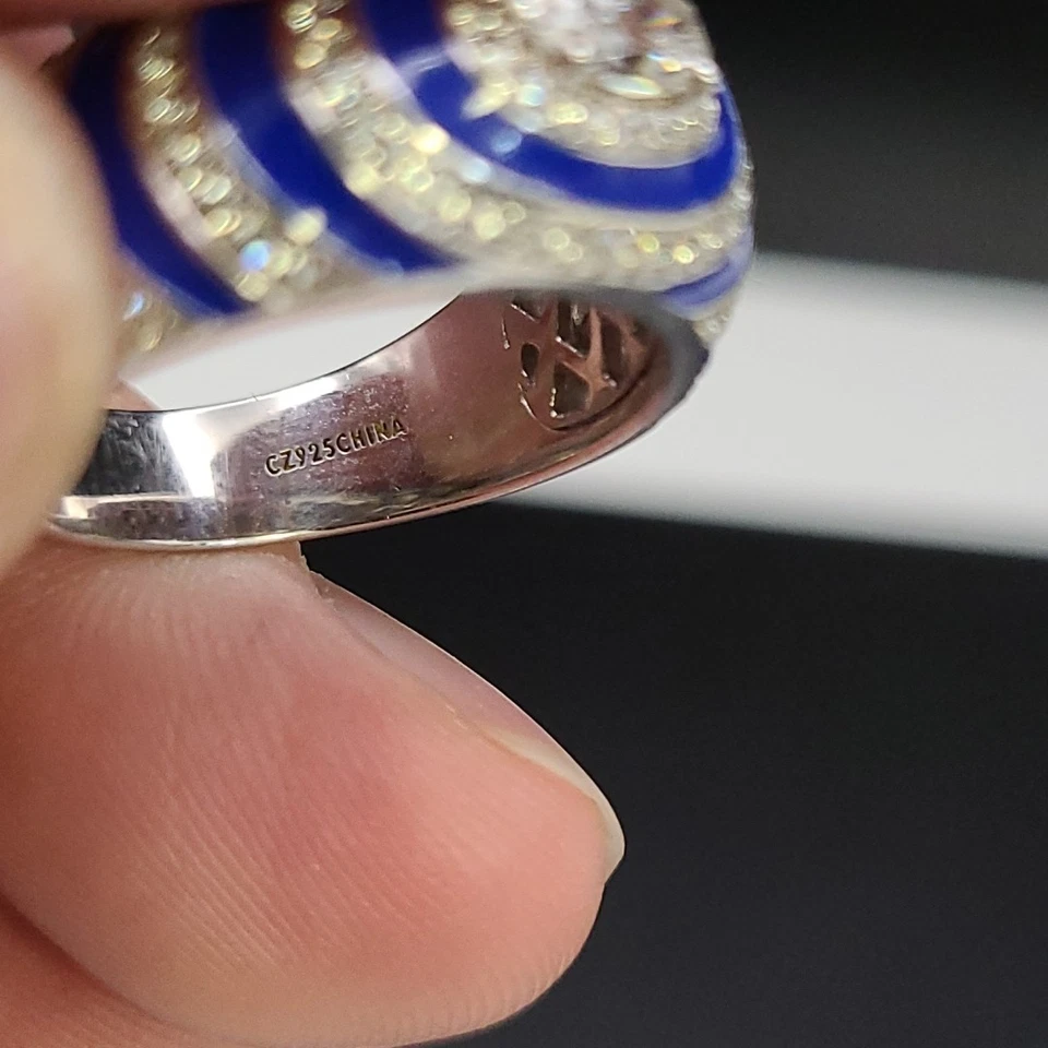 Anillo banda vintage Hidalgo H corazón azul cobalto esmalte circonita cúbica plata esterlina talla 8 QVC Foto 4 de 4