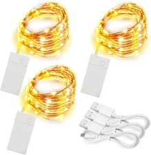 3 Pack Rechargeable String Fairy Lights 10Ft 30 LED, 4 Modes Copper Wire Christm