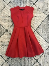 GUESS Red Pleated A-Line Knee Length Sleeveless Dress V-Neck Size S