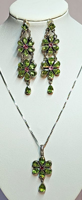 Peridot & Tourmaline Sterling 925 Necklace 19'' & Pierced 2.25'' Drop Earrings 