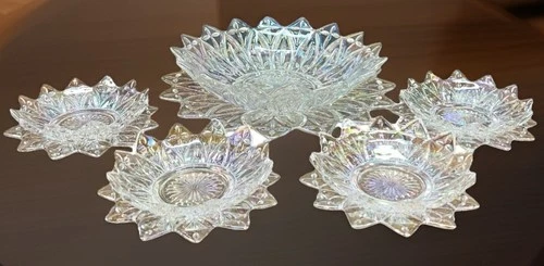 Federal Iridescent Petal Glass 10 Pc 1 Lg Plate 1 Lg Bowl 4 Sm Plates 4 S Bowl