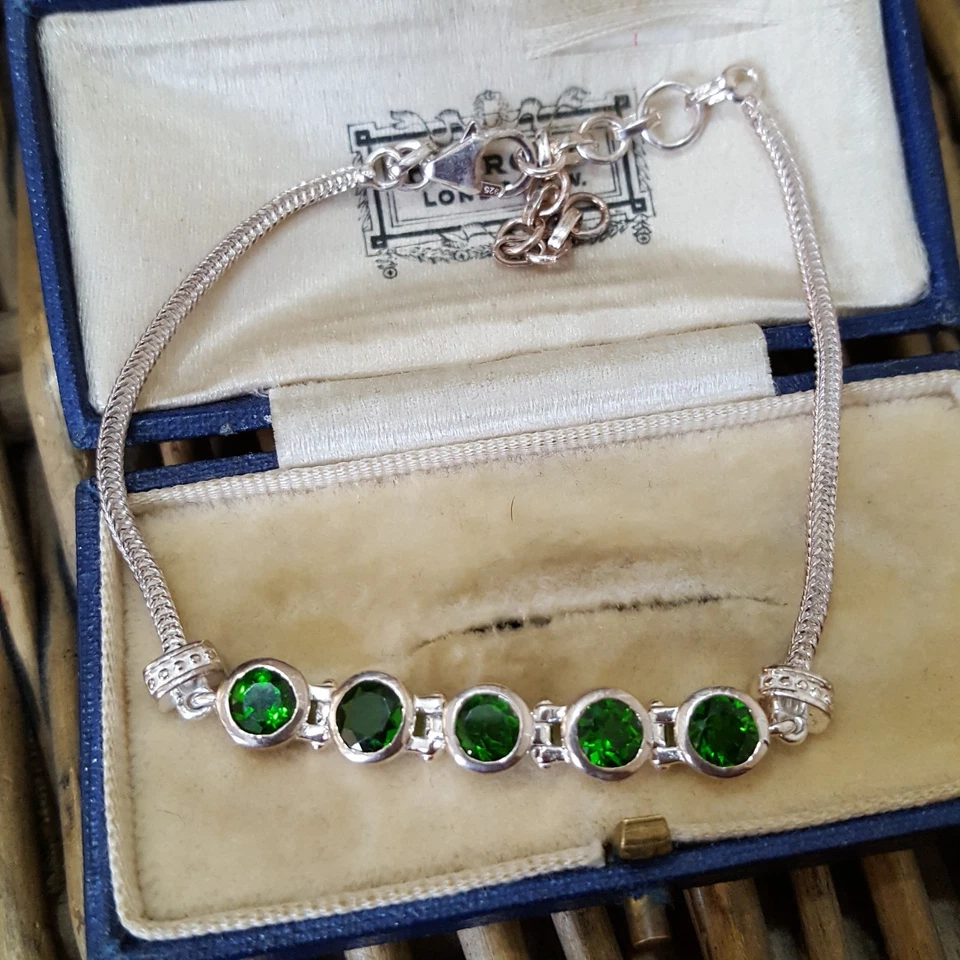 Pulsera de plata de ley 925, piedras preciosas de diopsido verde natural, ajustable Foto 4 de 4