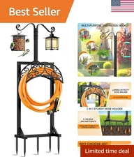 Upgraded Garden Hose Holder with 5 Spikes & 2 Hooks – Heavy Duty Metal Stand