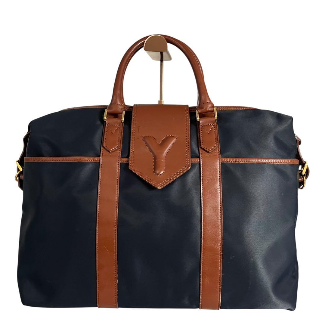 Vintage Yves Saint Laurent Navy Nylon Boston Bag with Leather Trim