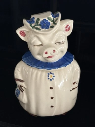 Vintage 40's Shawnee USA Pottery Winnie The Pig Blue Clover Blossom Cookie Jar